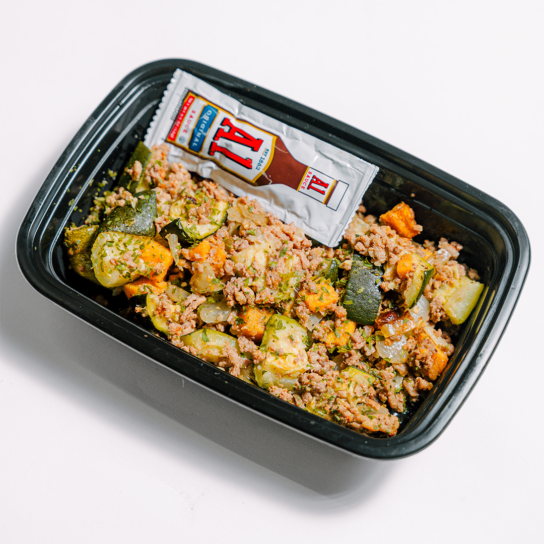 Hot Honey Ground Beef, Zucchini, Sweet Potatoes & Cottage Cheese