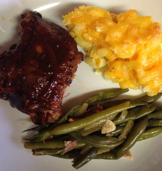 Ribs, Mac & Cheese, Green Beans